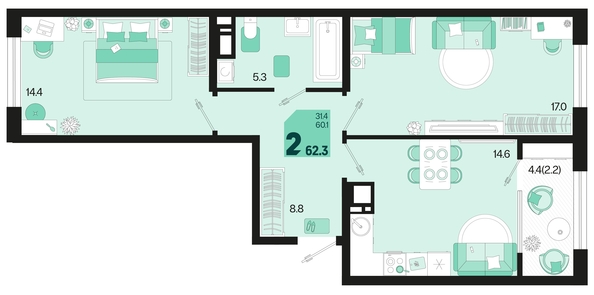 
   Продам 2-комнатную, 62.3 м², Первое место, квартал 1.10 литер 1

. Фото 6.