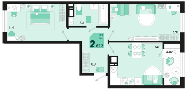 
   Продам 2-комнатную, 62.3 м², Первое место, квартал 1.10 литер 1

. Фото 6.