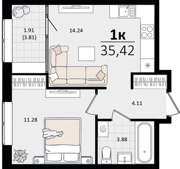 
   Продам 1-комнатную, 35.42 м², Патрики, литер 2

. Фото 4.