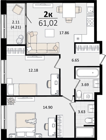 
   Продам 2-комнатную, 61.02 м², Патрики, литер 2

. Фото 4.