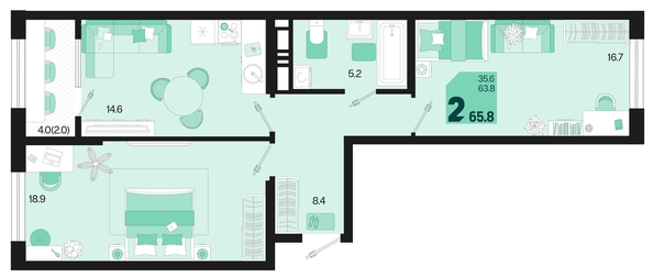 
   Продам 2-комнатную, 65.8 м², Первое место, квартал 1.1, литер 2

. Фото 6.