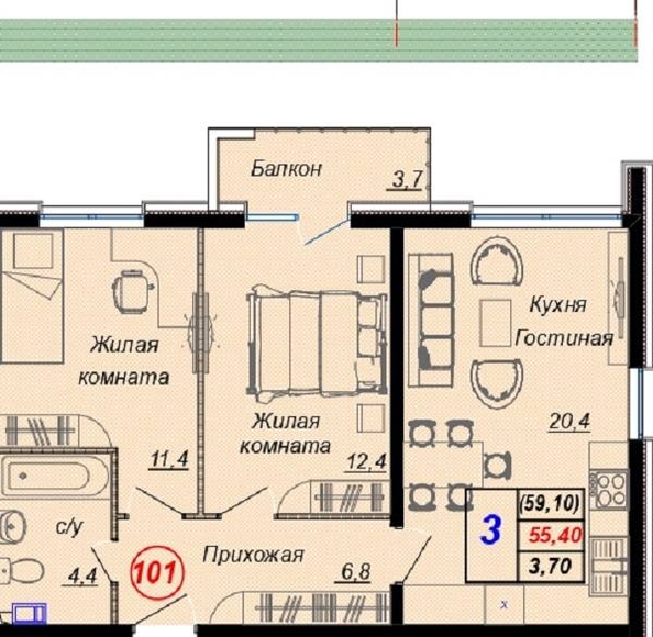 
   Продам 3-комнатную, 60 м², Российская ул, уч12

. Фото 3.