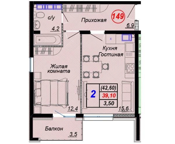 
   Продам 2-комнатную, 42.2 м², Российская ул, уч12

. Фото 19.