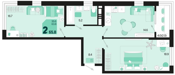 
   Продам 2-комнатную, 65.8 м², Первое место, квартал 1.10 литер 1

. Фото 6.