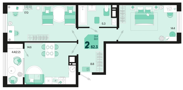 
   Продам 2-комнатную, 62.3 м², Первое место, квартал 1.1, литер 2

. Фото 6.