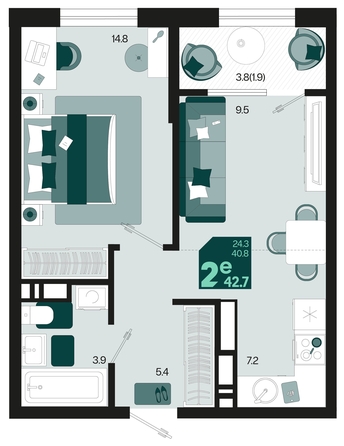 
   Продам 2-комнатную, 42.7 м², Первое место, квартал 1.1, литер 1

. Фото 6.