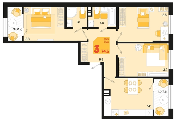 
   Продам 3-комнатную, 74.6 м², Первое место, квартал 1.2, литер 1

. Фото 6.