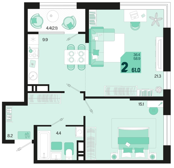 
   Продам 2-комнатную, 61 м², Первое место, квартал 1.2, литер 1

. Фото 6.