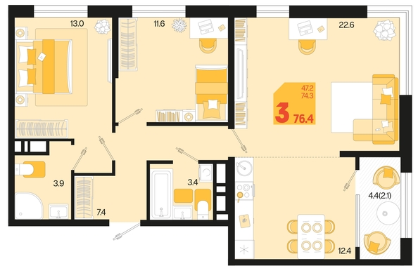 
   Продам 3-комнатную, 76.4 м², Первое место, квартал 1.2, литер 1

. Фото 11.