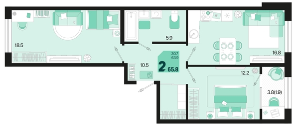 
   Продам 2-комнатную, 65.8 м², Первое место, квартал 1.6, литер 1

. Фото 6.