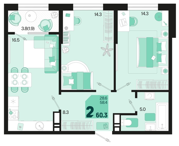 
   Продам 2-комнатную, 60.3 м², Первое место, квартал 1.6, литер 1

. Фото 6.