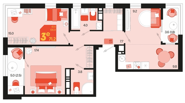 
   Продам 3-комнатную, 71.2 м², Первое место, квартал 1.6, литер 1

. Фото 6.