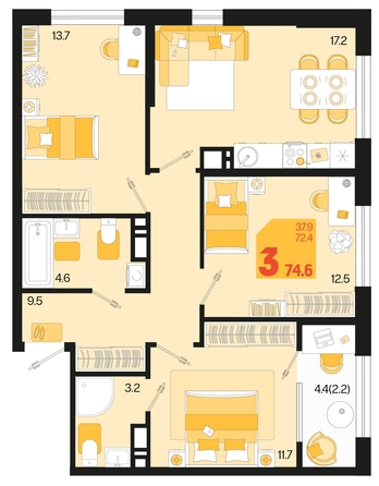 
   Продам 3-комнатную, 74.6 м², Первое место, квартал 1.6, литер 1

. Фото 6.