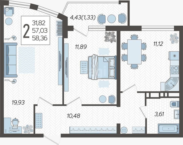 
   Продам 2-комнатную, 58.36 м², Режиссёр, литера 3

. Фото 1.