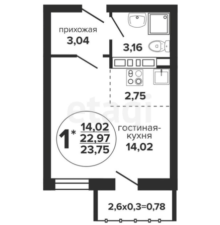 
   Продам студию, 23.75 м², Гулливер, литера 1

. Фото 6.