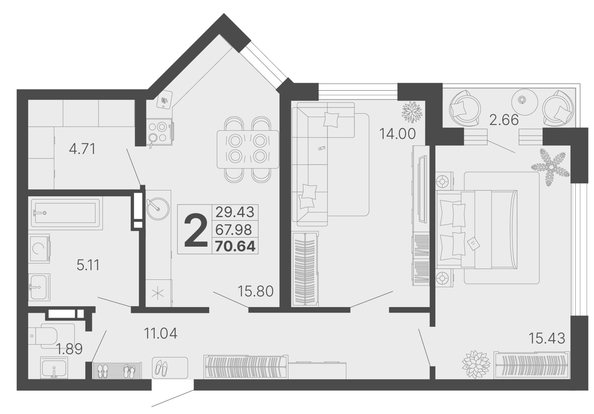 
   Продам 2-комнатную, 69.31 м², Светский лес, литер 3

. Фото 6.