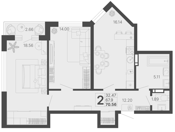 
   Продам 2-комнатную, 69.23 м², Светский лес, литер 4

. Фото 6.