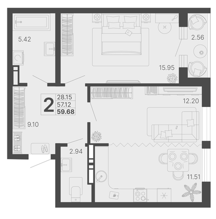 
   Продам 2-комнатную, 58.4 м², Светский лес, литер 4

. Фото 6.