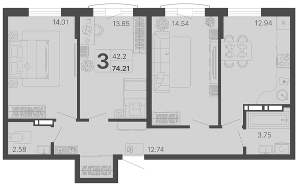 
   Продам 3-комнатную, 74.21 м², Светский лес, литер 4

. Фото 6.