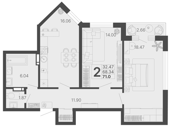 
   Продам 2-комнатную, 69.67 м², Светский лес, литер 4

. Фото 6.