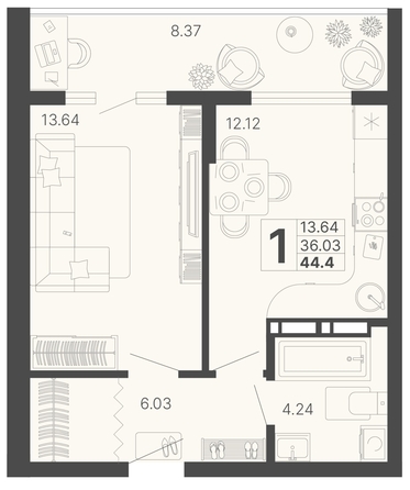 
   Продам 1-комнатную, 40.22 м², Светский лес, литер 3

. Фото 6.