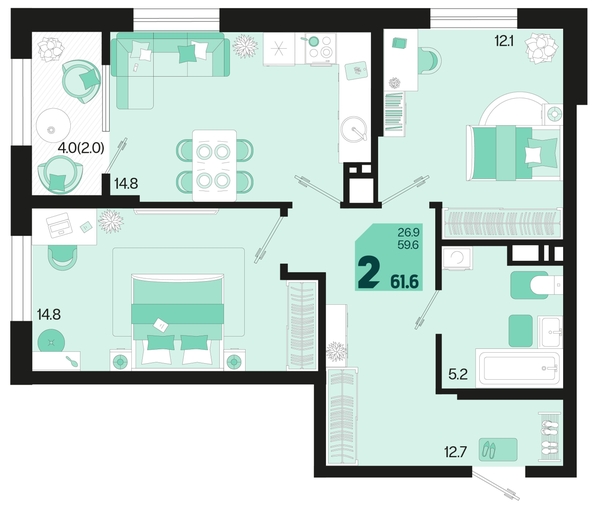 
   Продам 2-комнатную, 61.6 м², Первое место, квартал 1.10, литер 2

. Фото 6.