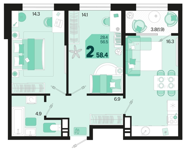 
   Продам 2-комнатную, 58.4 м², Первое место, квартал 1.4, литер 2

. Фото 6.