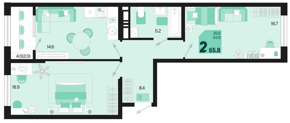 
   Продам 2-комнатную, 65.8 м², Первое место, квартал 1.4, литер 2

. Фото 6.