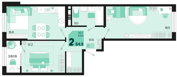 
   Продам 2-комнатную, 64.9 м², Первое место, квартал 1.4, литер 2

. Фото 6.