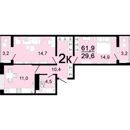 
  Продается 2-комн. квартира, 61.9 м², ЖК Горячий, литера 1
. Фото 1.