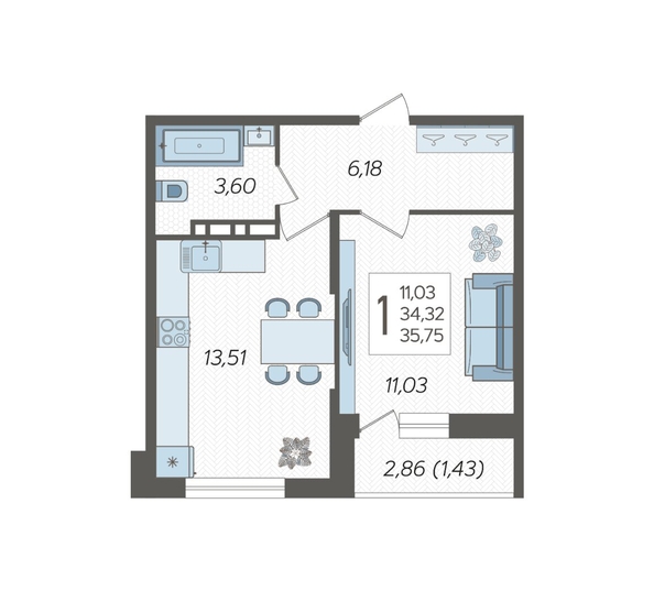 
  Продается 1-комн. квартира, 35.75 м², ЖК Смородина, литера 18
. Фото 2.