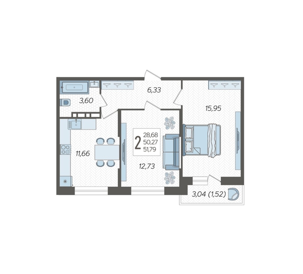 
  Продается 2-комн. квартира, 51.79 м², ЖК Смородина, литера 18
. Фото 2.