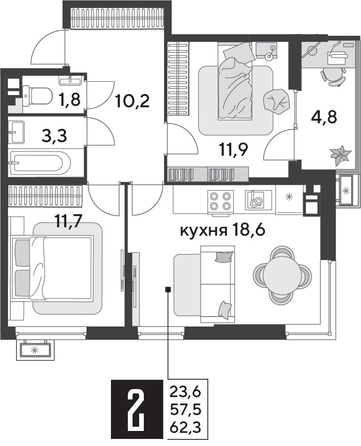 
  Продается 2-комн. квартира, 62.3 м², ЖК Парк Победы 2, литера 31
. Фото 1.