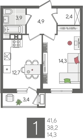 
  Продается 1-комн. квартира, 41.6 м², ЖК Рекорд 2, литера 5
. Фото 1.