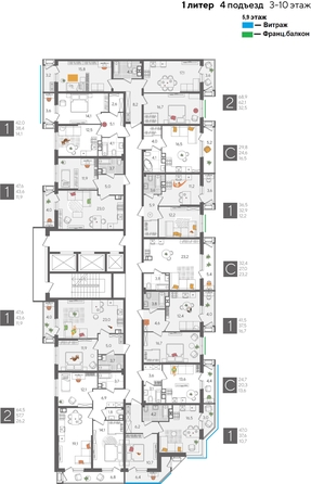 
  Продается 1-комн. квартира, 47.6 м², ЖК Рекорд 2, литера 1
. Фото 2.