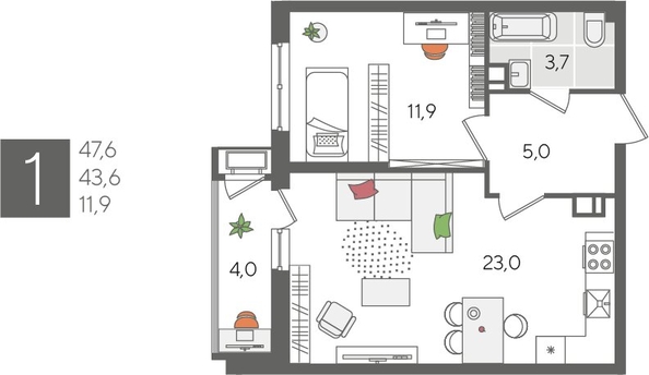 
  Продается 1-комн. квартира, 47.6 м², ЖК Рекорд 2, литера 1
. Фото 1.