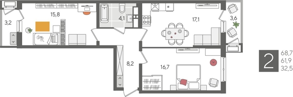 
  Продается 2-комн. квартира, 68.7 м², ЖК Рекорд 2, литера 1
. Фото 1.