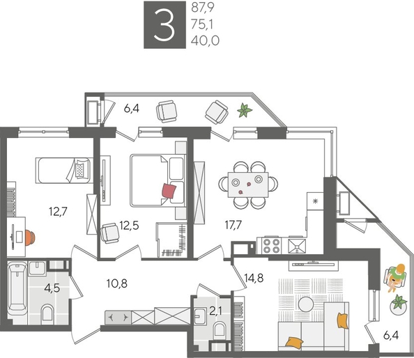 
  Продается 3-комн. квартира, 87.9 м², ЖК Рекорд 2, литера 2
. Фото 1.