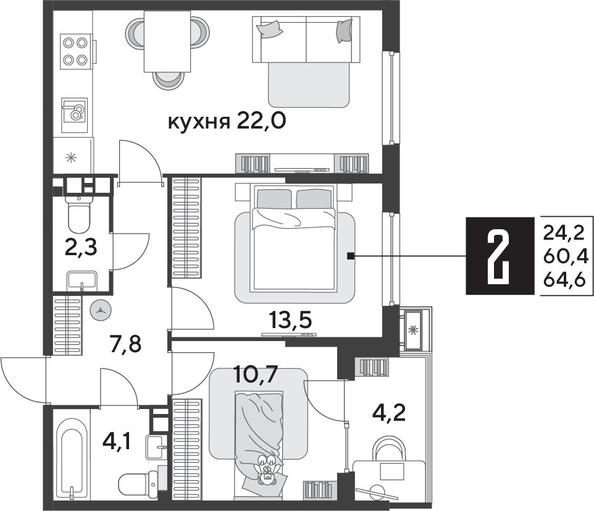
  Продается 2-комн. квартира, 64.6 м², ЖК Парк Победы 2, литера 28
. Фото 1.