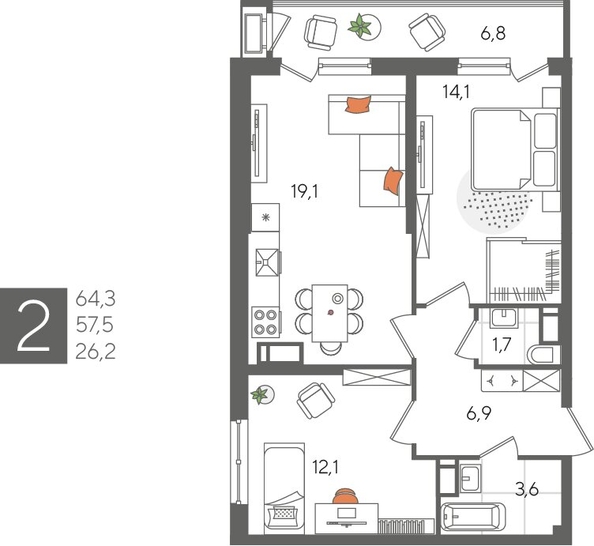 
  Продается 2-комн. квартира, 64.3 м², ЖК Рекорд 2, литера 1
. Фото 1.