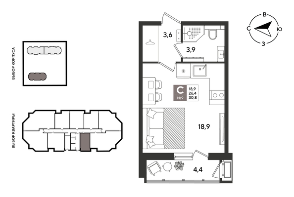 
  Продается студия 30.8 м², в ЖК Рекорд 2, литера 4. Фото 1.