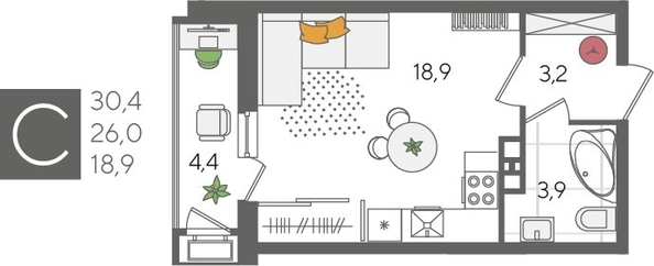 
  Продается студия, 30.4 м², ЖК Рекорд 2, литера 4
. Фото 1.