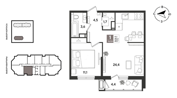 
  Продается 1-комн. квартира 49 м², в ЖК Рекорд 2, литера 4. Фото 1.