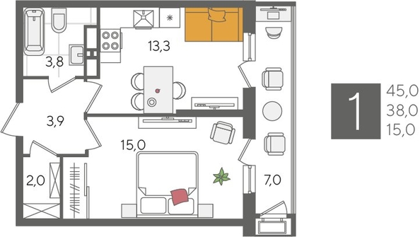 
  Продается 1-комн. квартира, 45 м², ЖК Рекорд 2, литера 4
. Фото 1.