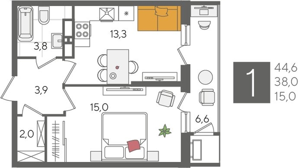 
  Продается 1-комн. квартира, 44.6 м², ЖК Рекорд 2, литера 4
. Фото 1.