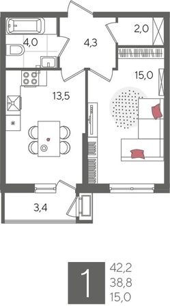 
  Продается 1-комн. квартира, 42.2 м², ЖК Рекорд 2, литера 5
. Фото 1.