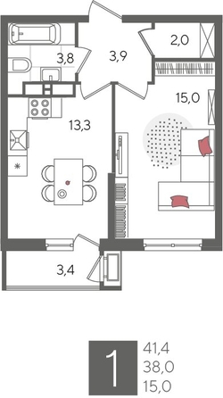 
  Продается 1-комн. квартира, 41.4 м², ЖК Рекорд 2, литера 5
. Фото 1.
