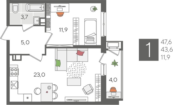 
  Продается 1-комн. квартира, 47.6 м², ЖК Рекорд 2, литера 5
. Фото 1.