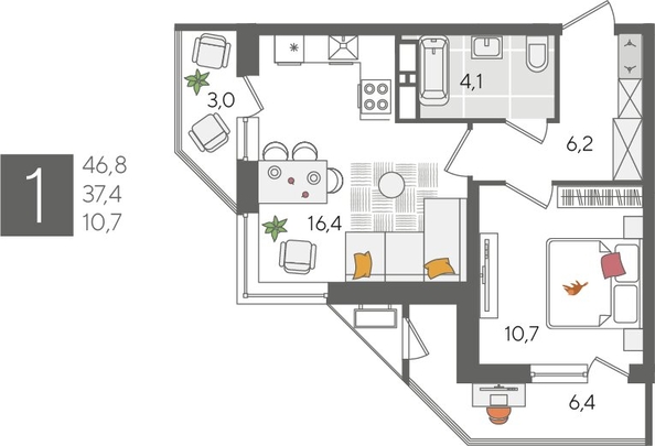 
  Продается 1-комн. квартира, 46.8 м², ЖК Рекорд 2, литера 5
. Фото 1.
