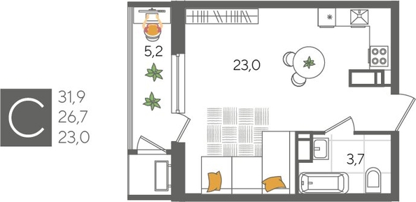 
  Продается студия, 31.9 м², ЖК Рекорд 2, литера 5
. Фото 1.